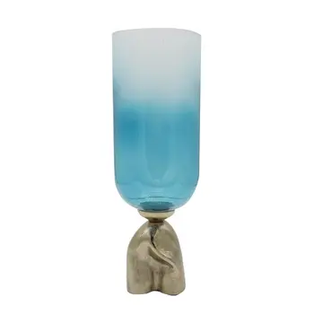 18" Blue And Gold Round Glass Table Vase
