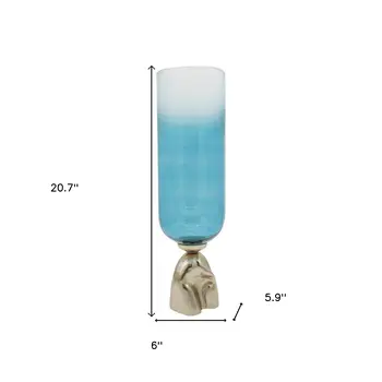 21" Blue And Gold Round Glass Table Vase