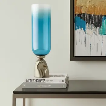 21" Blue And Gold Round Glass Table Vase