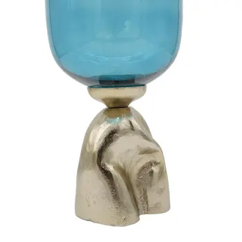 21" Blue And Gold Round Glass Table Vase