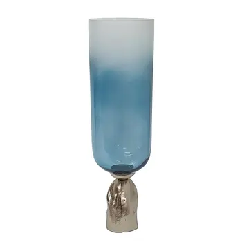 21" Blue And Gold Round Glass Table Vase
