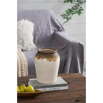 10" Ivory and Brown Ceramic Round Jug Vase