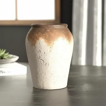 10" Ivory and Brown Ceramic Round Jug Vase