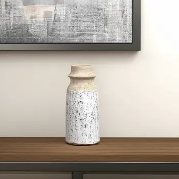 10" Beige And Ivory Round Terracotta Table Vase