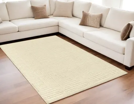 6' X 9' Ivory Wool Geometric Hand Knotted Area Rug