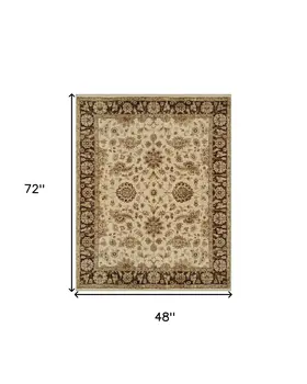 4' X 6' Ivory Brown and Gold Wool Oriental Hand Knotted Area Rug
