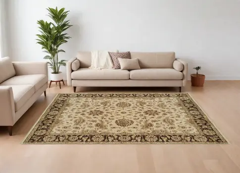 6' X 9' Ivory Brown and Gold Wool Oriental Hand Knotted Area Rug