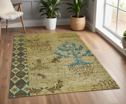 4' X 6' Tan Blue and Brown Floral Hand Knotted Area Rug