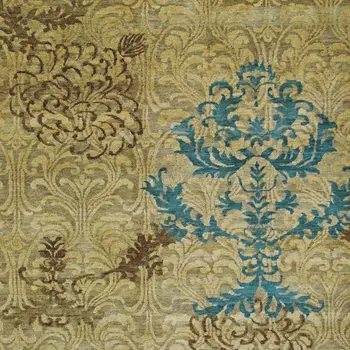 4' X 6' Tan Blue and Brown Floral Hand Knotted Area Rug