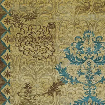6' X 9' Tan Blue and Brown Floral Hand Knotted Area Rug