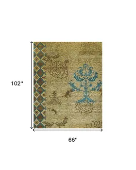 6' X 9' Tan Blue and Brown Floral Hand Knotted Area Rug