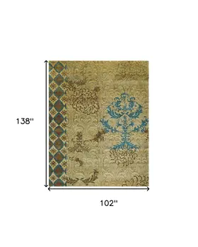 8' X 12' Tan Blue and Brown Floral Hand Knotted Area Rug