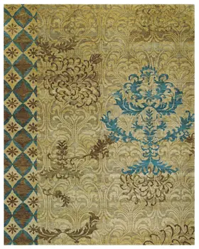 8' X 12' Tan Blue and Brown Floral Hand Knotted Area Rug