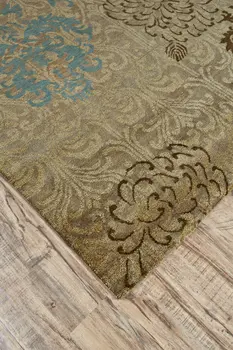 8' X 12' Tan Blue and Brown Floral Hand Knotted Area Rug