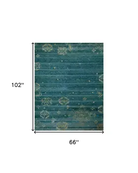 6' X 9' Tan Blue and Green Striped Hand Knotted Area Rug
