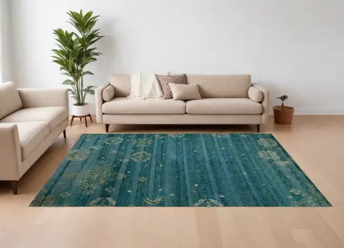 8' X 10' Tan Blue and Green Striped Hand Knotted Area Rug