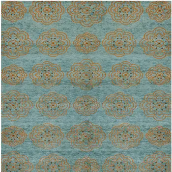 4' X 6' Green Blue and Taupe Floral Hand Knotted Worn Faded Area Rug