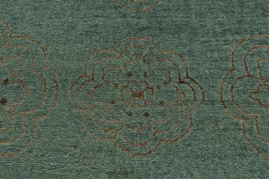 4' X 6' Green Blue and Taupe Floral Hand Knotted Worn Faded Area Rug