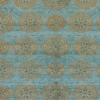 6' X 9' Green Blue and Taupe Floral Hand Knotted Worn Faded Area Rug