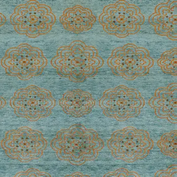 6' X 9' Green Blue and Taupe Floral Hand Knotted Worn Faded Area Rug