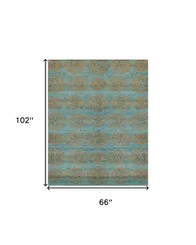 6' X 9' Green Blue and Taupe Floral Hand Knotted Worn Faded Area Rug