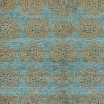 6' X 9' Green Blue and Taupe Floral Hand Knotted Worn Faded Area Rug