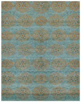 6' X 9' Green Blue and Taupe Floral Hand Knotted Worn Faded Area Rug