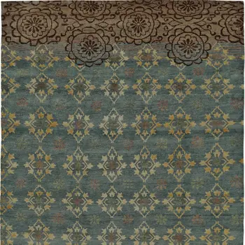 6' X 9' Green Blue and Brown Floral Hand Knotted Area Rug