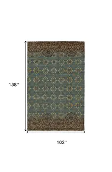 8' X 12' Green Blue and Brown Floral Hand Knotted Area Rug