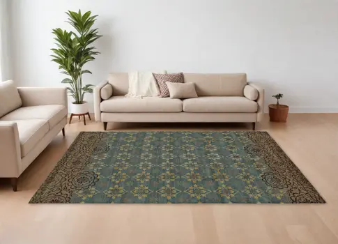 8' X 12' Green Blue and Brown Floral Hand Knotted Area Rug