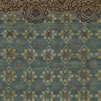 8' X 12' Green Blue and Brown Floral Hand Knotted Area Rug