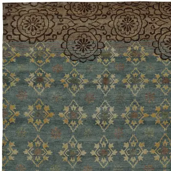 8' X 12' Green Blue and Brown Floral Hand Knotted Area Rug