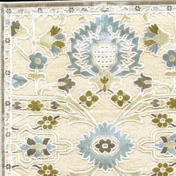 8' Tan Blue and Gray Floral Power Loom Worn Faded Runner Rug