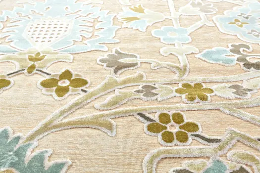 8' Tan Blue and Gray Floral Power Loom Worn Faded Runner Rug