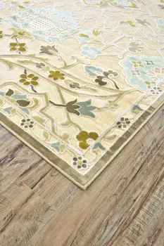 8' Tan Blue and Gray Floral Power Loom Worn Faded Runner Rug
