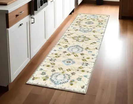 8' Tan Blue and Gray Floral Power Loom Worn Faded Runner Rug
