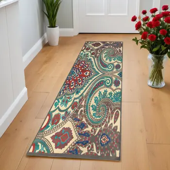 8' Tan Blue and Taupe Paisley Power Loom Runner Rug
