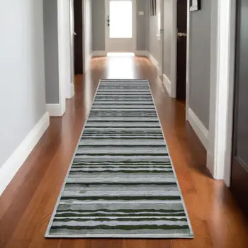 8' Taupe and Gray Striped Power Loom Runner Rug