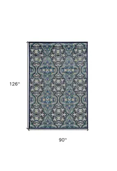 8' X 11' Tan Blue and Taupe Damask Power Loom Area Rug