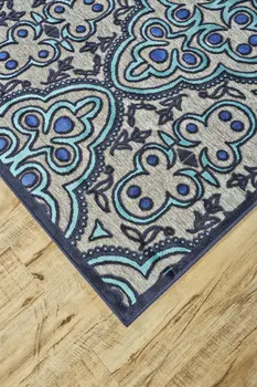 8' X 11' Tan Blue and Taupe Damask Power Loom Area Rug