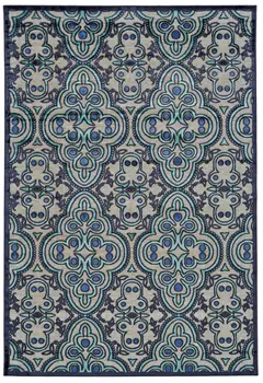 8' X 11' Tan Blue and Taupe Damask Power Loom Area Rug