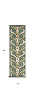 8' Tan Blue and Green Geometric Power Loom Runner Rug