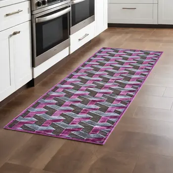 8' Purple Brown and Gray Geometric Power Loom Runner Rug