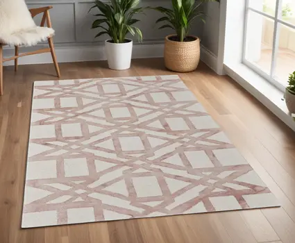 4' X 6' Ivory Pink and Tan Wool Geometric Hand Tufted Area Rug