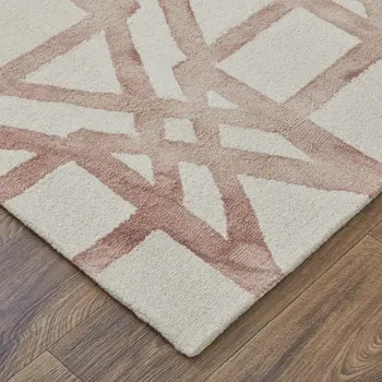 5' X 8' Ivory Pink and Tan Wool Geometric Hand Tufted Area Rug