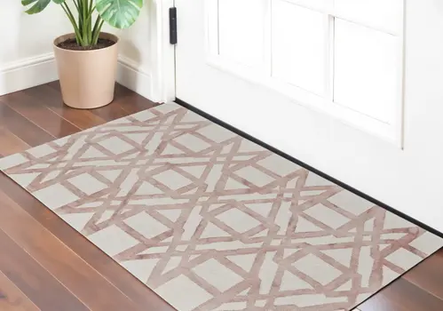 2' X 3' Ivory Pink and Tan Wool Geometric Hand Tufted Area Rug