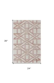 2' X 3' Ivory Pink and Tan Wool Geometric Hand Tufted Area Rug