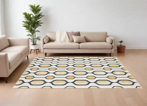 10' X 13' Ivory Blue and Yellow Geometric Power Loom Area Rug