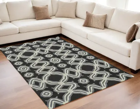 5' X 8' Black Gray and Ivory Wool Abstract Hand Tufted Area Rug