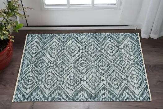 2' X 3' Gray and Blue Wool Southwestern Hand Knotted Area Rug